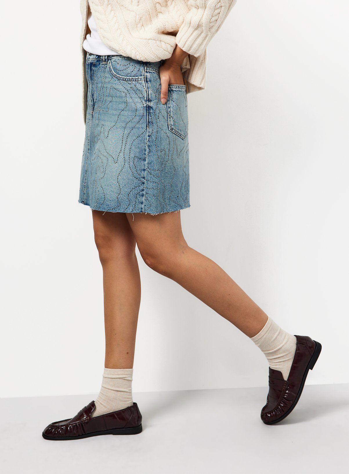 Mid Denim Swirl Embellished Mini Skirt 16 - Image 2 thumbnail